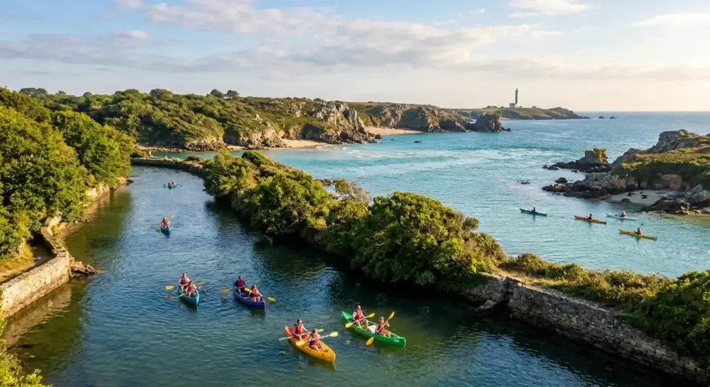 Canoës et kayaks sur une rivière débouchant sur une crique du Finistère, phare au loin
