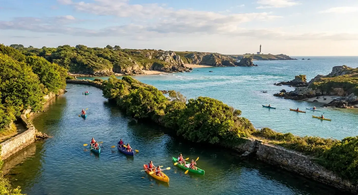 Canoës et kayaks sur une rivière débouchant sur une crique du Finistère, phare au loin